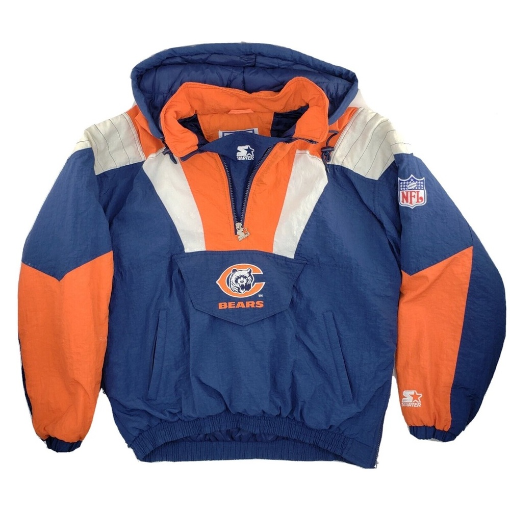 Vintage 90s Starter Chicago Bears Pullover Hoody 1/2 Zip Jacket Large NFL